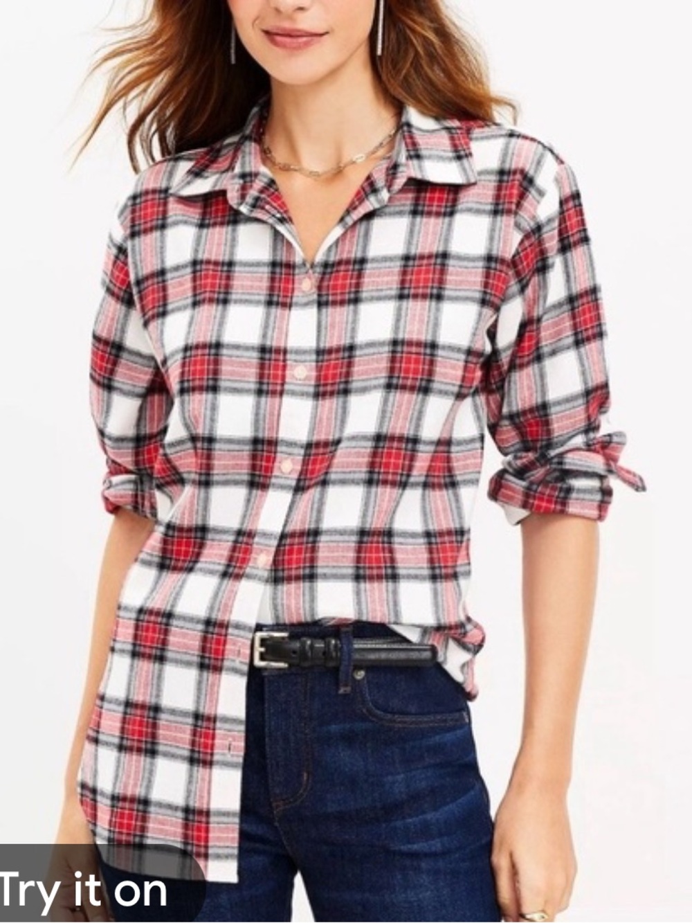LOFT Red Black and White Plaid Button-Down Shirt